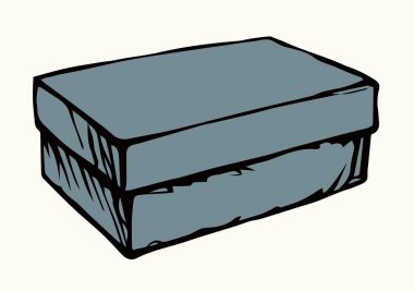 Küçük yiyecek Kraft küp kargo sandığı kapağı kapağı beyaz etiketli metin alanını kapat. Ana hatları siyah el çizilmiş büyük iş tepsisi logo çerçeve tasarımı retro sanat karikatür kart biçimi