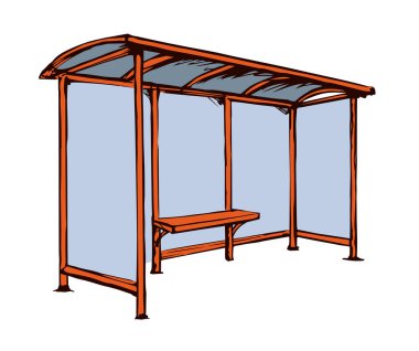 Steel suburb busstop promo ad brand render plastic roof cover canopy glass wall side view white sky text space. Black line hand drawn wait tram chair sign icon symbol modern doodle outline art style