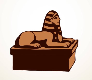 Altın mistik oyma aslan adam maskesi izole edilmiş beyaz çöl kum nekropolü gökyüzü metin uzayına bakıyor. Çizgi siyah el çizilmiş efsane rock tanrısı logosu piktogram retro sanatçı karalama karikatür tarzı