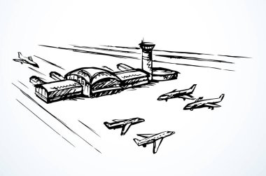 Şehir merkezi havaalanı beyaz mesaj alanı. Ana hatlarıyla siyah mürekkep kalem el çizilmiş jet avia kargo gemisi boeing craft rise saha kontrol evi sahne simgesi modern karalama karikatür karikatür kalem çizim sanat tarzı
