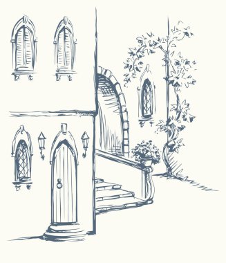 Siyah mürekkep kalemle çizilmiş şehir seyahati Fransa çağ konforlu bahar parkı asma ağacı dinlenme yeri. Retro sanat karalama çizgisi tarzı gotik İtalya verandası beyaz duvar Asyalı Arabistan lambası metin alanı manzarası 