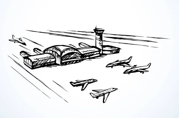 Ville Publique Urbaine Aérodrome Port Blanc Espace Texte Encre Noire — Image vectorielle