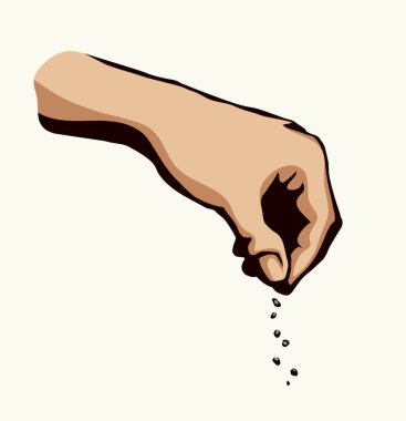 Yakından bak, dişi avuç içi avuçlarını kaldır, kırıntıları tut, küçük mısır tozu ver, beyaz bahar çiftliği gökyüzü mesaj alanı. Siyah kalem çizilmiş baharatlı logo amblemi konsepti retro çizgi çizgi film tarzı