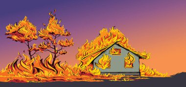 Light red burnt cottage estate exterior roof loss tragedy ruin grass bush scene dark sky smoke text space. Black line hand drawn hot hut property safe risk life concept retro cartoon sketch art style