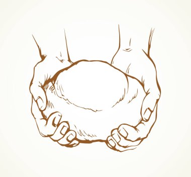 Tatlı, hafif, beyaz arpa rulo hamur, çocuk şefe yalvardı. Kalem çizilmiş eski erkek tanrı İsa kol inancı çavdar diyeti ikonu tabela logo kavramı eski İncil sanatı