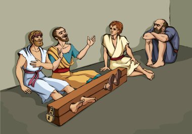 Aziz Tanrı 'yı kutsasın, Yahudi Hazreti İsa yırtık elbiseler Roma hukukunda acı, ayak takımı, ahşap bar, hücre yasağı sahnesi. El çizimi koyu siyah, dövülmüş erkek, insan çağı katolik, retro-vektör sanat çizimi.