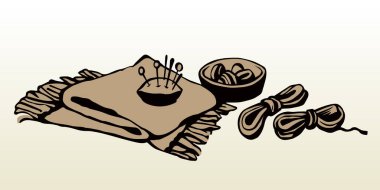 Çizilmiş siyah çizgili pamuk fiber makara keskin çelik yama bloklama seti logo amblem tasarımı retro sanatçı çizgi çizim çizim stili. atelie görünümünü beyaz metin arkaplanını kapat