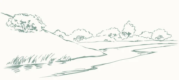 古いマウントアウトラインダークブラックインクペン手の秋の谷間斜面旅行道路のパスを描くオーク低木シーン画像レトロなアートペーパースタイル アーティスト鉛筆ラインも海岸線リードテキストスペースアートワーク背景 — ストックベクタ