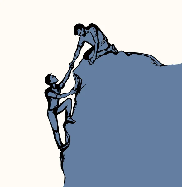 2労働リスク人間の指導者は労働組合の信頼をレンダリングしようとする危機生活の腕がハング失敗ハイカー白い空に達する ライン援助のスケッチグラフィックベクトルアート漫画の団結高丘の峡谷のピークギャップピットトップの勝利 — ストックベクタ