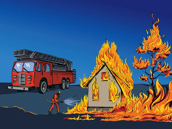 911緊急警報赤援助自動車英雄男性チーム都市の町の町の町のたき火放火火災被害 手描きのリスクは 衣装スーツギア油圧スプレーシンボルスケッチアート漫画スタイルの空のテキストスペースを保存します — ストックベクタ