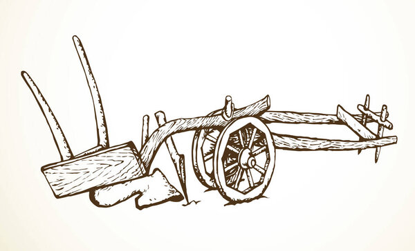 Крупный план черные чернила ручка нарисованы большой лошадью ручной вырезать работу возрасте деревянного устройства. Закрыть ржавое железное лезвие металла клинок быка труда логотип иконки знак истории древней ржавчины искусства гравировки etch мультяшный стиль белого неба