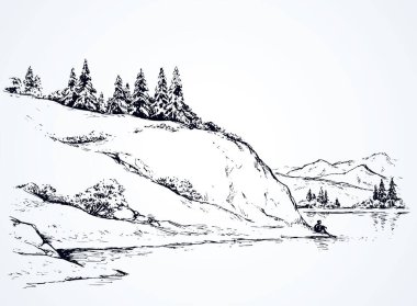 Cliff sakin uzak Alpler sahnesi yüksek nehir kıyısında. Çizgi siyah mürekkep eli, uzayda üzgün yalnız bir genç kızı beyaz gökyüzünde yazı yazmak için çekti. Vahşi Alp kıyısı göleti barış manzaralı sanat eseri karalama stili.