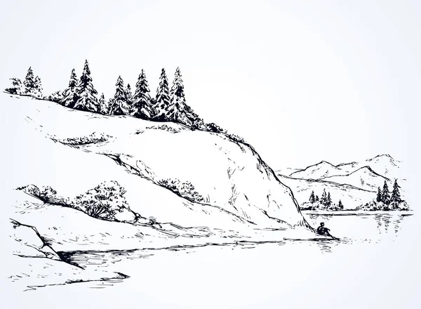 Cliffova Klidná Scéna Alp Vysokém Břehu Řeky Čára Černá Inkoust — Stockový vektor