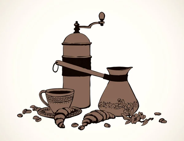 Klasik Kahve Makinesi Beyaz Masada Taze Siyah Siyah Tatlı Kakao — Stok Vektör