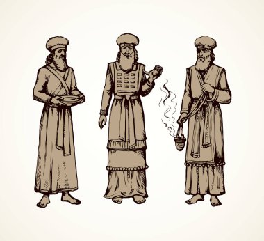 Musa Torah tarihi ilahi bakanlık kültürü. Tunik giymiş yaşlı sakallı Aaron, tütsü merkezli türban. Çizgi siyah mürekkep el çizilmiş Yahudi levit lider eskiz klasik sanat Doğu oyma tarzı siluet tarzı