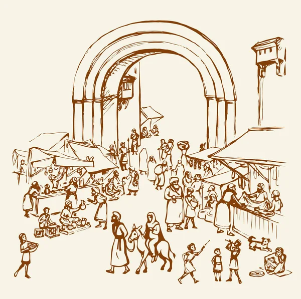 东方圣经的宗教遗产摊贩妇女场景的看法 古色古香的 Fes 拱门堡垒大厦在白色背景 黑手沙特阿拉伯拉巴特巴扎尔季度图片素描矢量艺术图形风格 — 图库矢量图片