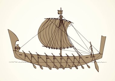 Arkaik geçmiş yüzyıl Etrüsk kürek Biremeleri tuval giyim Galyalının ticaret veya kolonizasyon beyaz arka planda izole için. Hat mürekkebi karalama işareti karikatür kroki sanat stil çizim