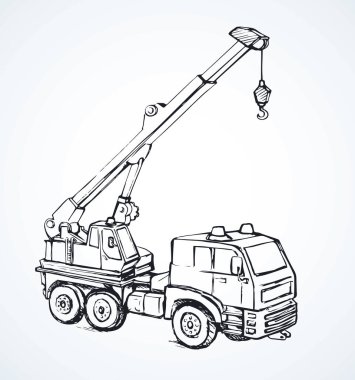 Büyük uzun pergel montaj yüksekliği vinç taşıyıcı lifter beyaz gökyüzü zemin üzerinde. Serbest çizim siyah mürekkep el çekilmiş logo piktogram yarım yamalak amblemi sanat retro doodle karikatür tarzı kalem kağıt alanı metin içinde