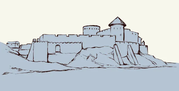 東ベルゴルド国 オデッサ地域ビュー アラビア語の過去の石の壁の観光宮殿の遺跡 明るい色の手の高齢者の丘の湾の水のシーン画像を描いた レトロアートの彫刻スタイル 白い空のテキストスペース — ストックベクタ