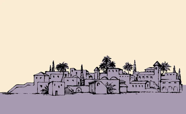 Orta Doğu Antika Hindi Yolculuğu Kum Palmiyesi Çöl Vahası Mavi — Stok Vektör