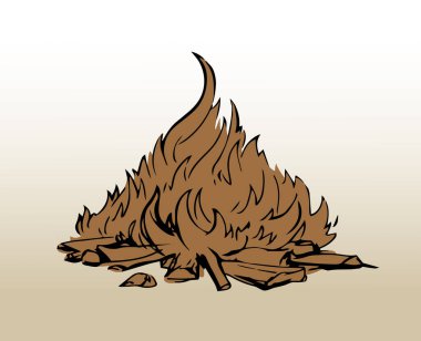 Kapalı eski parlak ışık kırmızı sıcak kömür kömürü sıcak kül taşı orman manzarası açık beyaz gökyüzü metin alanı. Çizgi koyu siyah mürekkep kalem eli çizilmiş eko yemek yaşam logosu kavramı antik Yahudi tanrı sanat stili