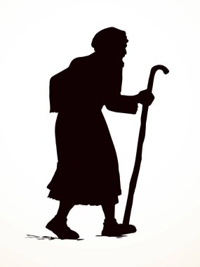 Yetişkin bilge, orta yaşlı erkek Yahudi, beyaz bornoz, baston görünümlü İsrail elbisesi giyer. El çizimi siyah retro müslüman uae uae hindi çöl adam Paul dua Tanrı İsa Mesih inancı yol inanış İslam sanat yolu