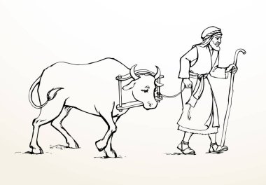 İncil 'deki Retro Arap sanat eseri çizimi. Yahudi adamın getirdiği eskiz. Kutsal kurban ayinine gidip erkek hayvan eti besliyorlar. Doğu Asya İsrail sürü işgücü işi Tanrı Qurban Field Road Asya pazarı metin alanı