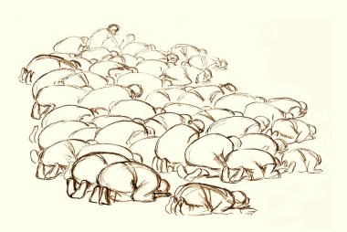 Kutsal BAE diz çökün Katar Arabistan erkek grubu kölesi Kral İsa 'ya yalvar beyaz toprak metin uzayı Kara çizgi el çizimi övgü dolu kız Kabe idolü eski İncil taslak sembolünü kutsa