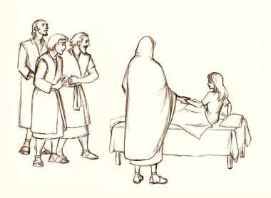 Holy happy merry head human old age male love hope face ask Lord messia mercy bless take cure sad death ill suffer die teen kid lady Pen drawn vintage white home room bed white gospel story art sketch