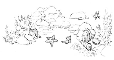 Açık beyaz tuz atlant aqua kaya zemin taşı zemin zemin zemin kat metin alanı sahne siyah el çizilmiş vahşi çizgi film çizimi. Yakın plan manzara kırmızı göl nehri körfez yıldızı salyangoz manzarası sınır manzarası