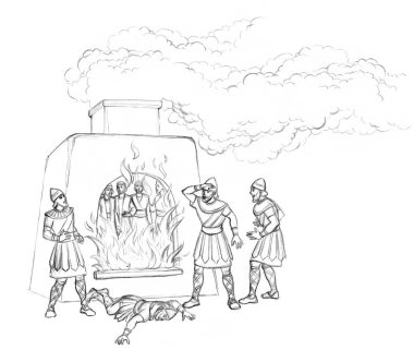 Doğu Suriye yasalarına göre 3 yaş grubu kollarını bağladı. Yahudi erkek kurban ocağın dumanına dayanmak için dua ediyor. Çizgideki kalem el, geriye doğru çizilmiş. Yazar İranlı Arap. Panik atak, korku, ölüm.