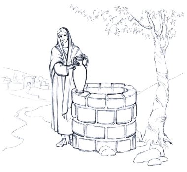Young happy jew love Islam Arab rock drink source basin job chore jug jar pitcher worker lady Rachel retro holy god story faith age art sketch. Line hand drawn work park city yard tree path sky view