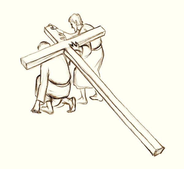 Święty Zbawiciel Pan Modlitwa Ponosi Duży Ciężar Drewna Postać Iść — Zdjęcie stockowe