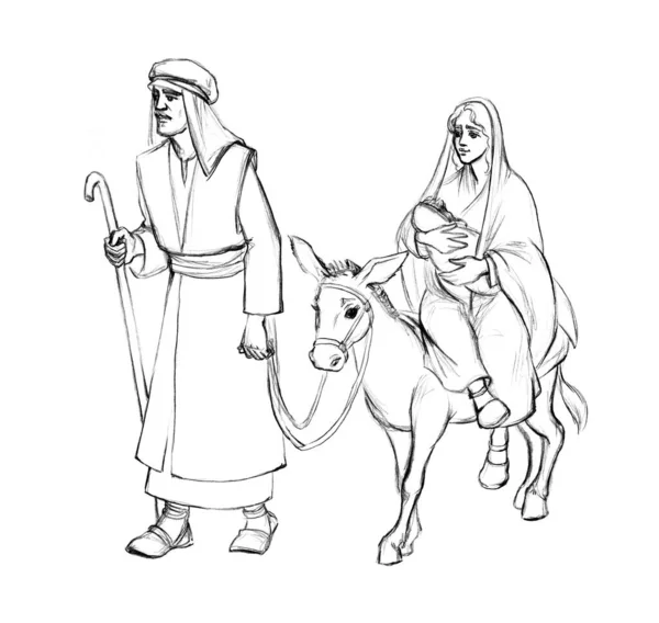 约瑟夫 玛丽亚新的圣女骑着骡子逃跑的动物逃离了东飞孤立的以色列沙漠浅白的天空 手绘古色古香的圣诞前夕逃避现实故事复古素描艺术卡通画符号场景 — 图库照片