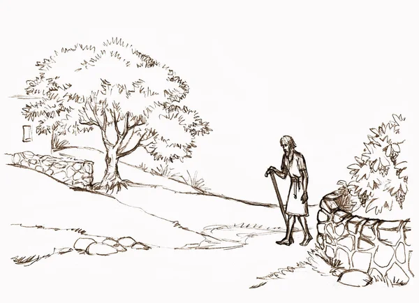 Ασιάτης Μοναχικός Λυπημένος Αμαρτωλός Εβραίος Εργάτης Σκλάβος Πάει Σπίτι Δέντρο — Φωτογραφία Αρχείου