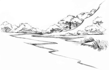 Eski büyük montaj ana hatları siyah kalem el çizilmiş sonbahar dale bayırı seyahat toprak pisti meşe ağacı köknar resim retro doodle kağıt tarzı. Sanatçı hattı Pond Creek sahil sazlığı metin alanı sanat arkaplanı