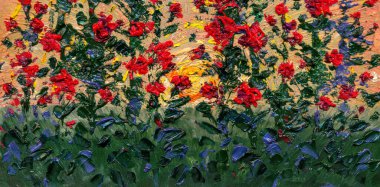 Gouache vahşi bahar kırsal manzara manzarası. Canlı pembe althaea el, modern kanva tarzında hafif kağıda akrilik çizmiş. Parlak kırmızı manzaralı resim. Rugosa taç yaprağı, akşam güneşinde çalılık.