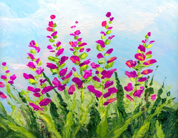 春素朴なアルセアマルバシーンアートワークビュー鮮やかなピンクの手描きアクリルペイント現代キャンバスアーティストカードデザインスケッチスタイルを表示します 鮮やかな緋色の剣緑の植物花弁の風光明媚な光青の空を育てる — ストック写真