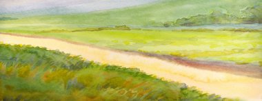 Bright hand drawn fresh haze mist fog mount cloud scene paper text space artwork sketch backdrop. Yellow color paint forest plant green wheat grass road path way calm weather sun day scenic brook view