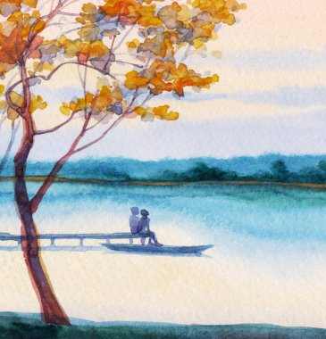 Hand draw artist beach shore wooden bridge boat guy dad husband son mother wife scene sketch. Cute happy joy relax human calm rest 2 rural male kid hug field bush wood land plant fog mist view picture