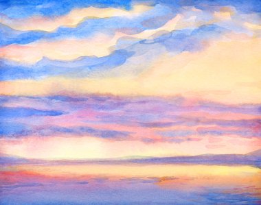 Hand drawn paint quiet calm beach shore fresh sun glare white light dawn heaven horizon view scene. Paper card text space retro sketch style design blue violet acryl color pond rain mount view picture