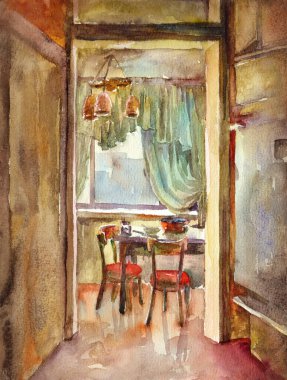 El çizimi şirin ahşap, küçük kırmızı barlı tabak yemek kutusu modern sanatçı tasarımı, kağıt resim, gökyüzü tarzı metin alanı. Grunge kaba kapı çerçeve salonu beyaz kapı manzaralı nesne