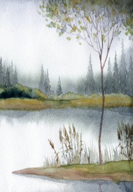 El çizimi açık renkli suluboya resim çizimi. Kağıt arkaplan arkaplan metni üzerine. Gri renk, sakin, kırsal çayır, sis dumanı, deniz manzarası. Çalılık bitkisi parkı. Haze White Creek Körfezi sahnesi