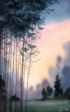 Elle çizilmiş suluboya sanat eseri. Sakin güneş sisi. Eski yeşil bahçe sahnesi. Koyu boya eskiz tarzı kırsal çiftlik yolu uzun sedir ladin çalısı manzarası