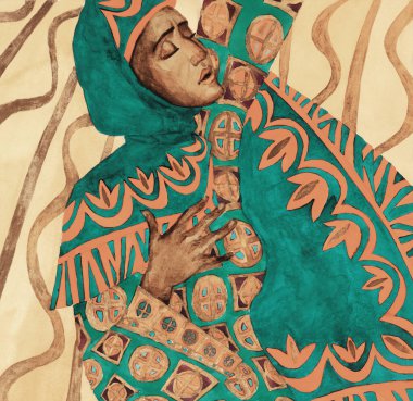 Adult lone arabian mourn weep wish pretty saint jew lady cover head scarf ask help love hope trust Lord Jesus Christ light. Paint drawn devote praise bless asia arab arm sign icon retro artist style