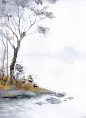 Elle çizilmiş parlak suluboya mürekkep boyası eskiz sis deresi kağıdının perde arkası metin alanı. Açık gri renkli bulutlu cennet karanlık sakin kırsal çayır çalı bitkisi sis bulutu manzarasını yansıtıyor