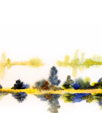 El çizimi suluboya resim çizimi kağıt metin alanı. Kırsal sakin çalı çalısı, çalı tarlası, dere yatağı, sel, yağmur manzarası. Serin bahar sisli sonbahar kumsal eski sanat eserleri sahnesi