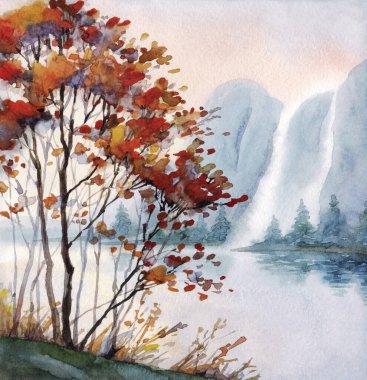 Suluboya boya bulutlu, bulanık, kayalık deniz kıyısı sahnesi, arka plan kâğıdı, metin alanı. Koyu kırmızı renkli sis bulutu vadi çağlayan deresi. Açık hava yabani çalı bitkisi kır manzaralı çizim çizimi