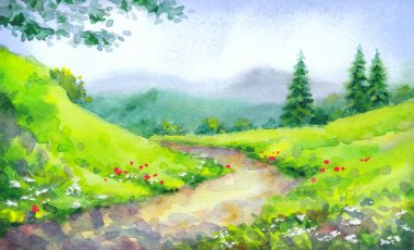 Kağıt zemin üzerine el çizimi parlak suluboya resim. Manzaralı mavi cennet manzaralı metin için yer var. Sessiz bir kır çim biçme günü. Sanat galerisi sonbahar sahnesi. Ormanlık yolda yeşil çam