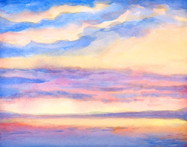手绘淡淡的海滩 清澈的海滩 新鲜的阳光 明亮的白光 黎明的天空 地平线景致 纸卡文字空间复古素描风格设计蓝色紫铜彩池雨山观景图 — 图库照片